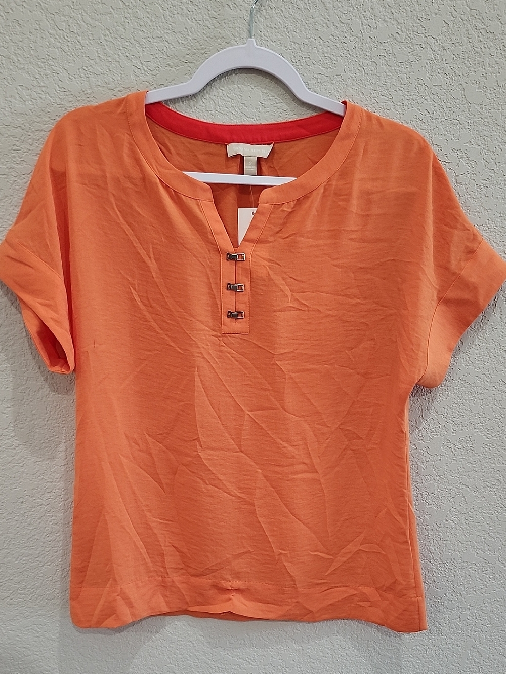 Banana Republic Colorful Bright Orange Short Sleeve Henley Blouse Oversize Max S